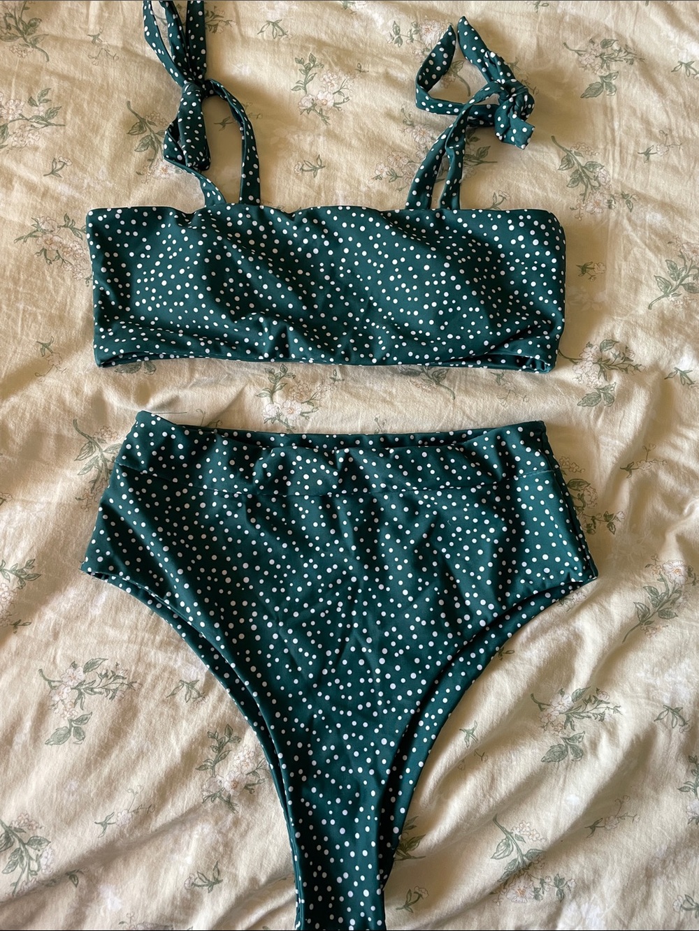 Green Polka Dot High-Waist Bikini Set